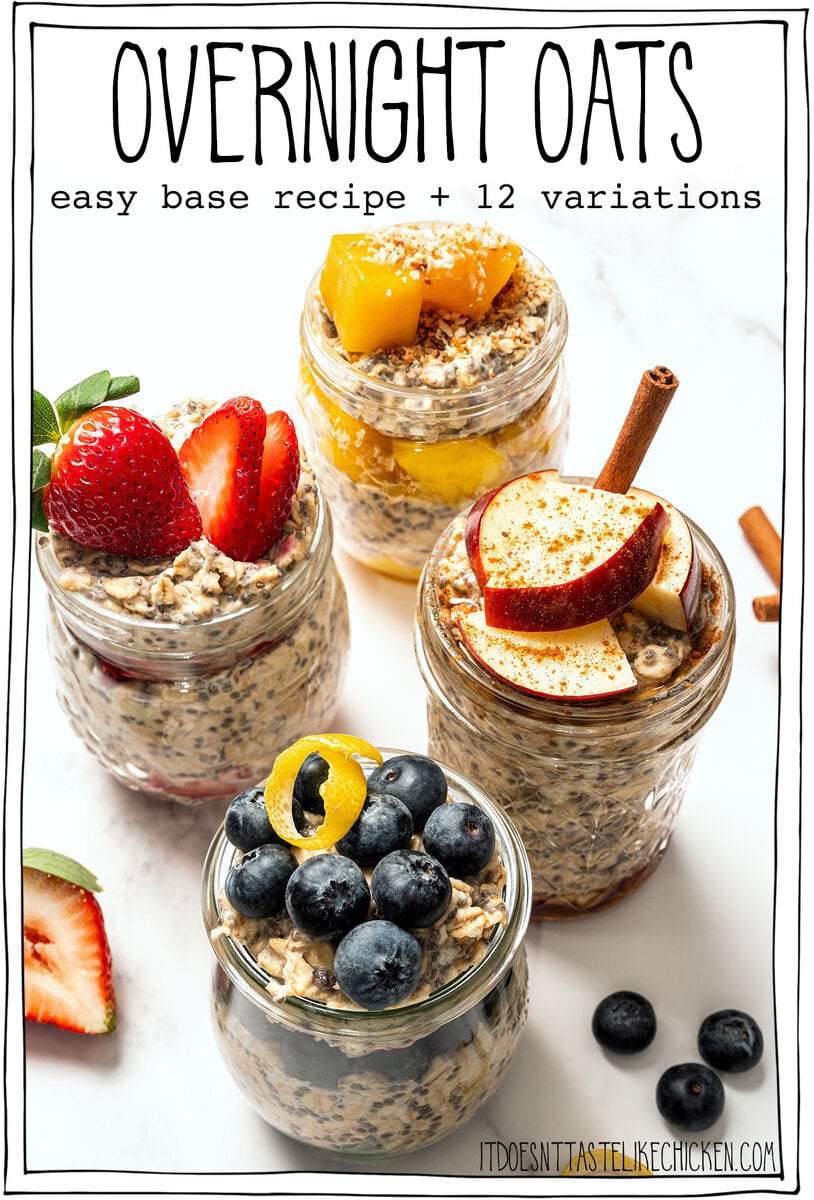 Jars of overnight oats topped with fruit, with text overlay that reads overnight oats.