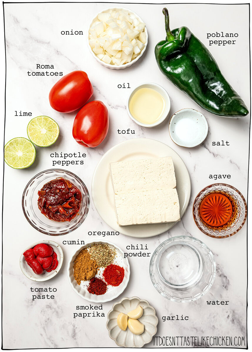 These smoky, saucy vegan sofritas are made in one pan with tofu, chipotle, and spices. Perfect for tacos, bowls, burritos, and meal prep! Ingredients for tofu sofritas with labels.