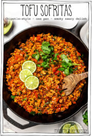 Skillet of sofritas with text overlay that reads tofu sofritas.