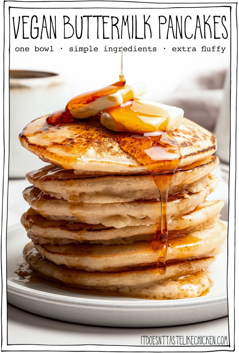 Stack of pancakes on plate with text overlay that reads vegan buttermilk pancakes.