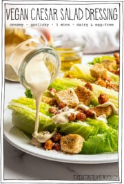 Salad on plate with text overlay that reads vegan Caesar salad dressing.