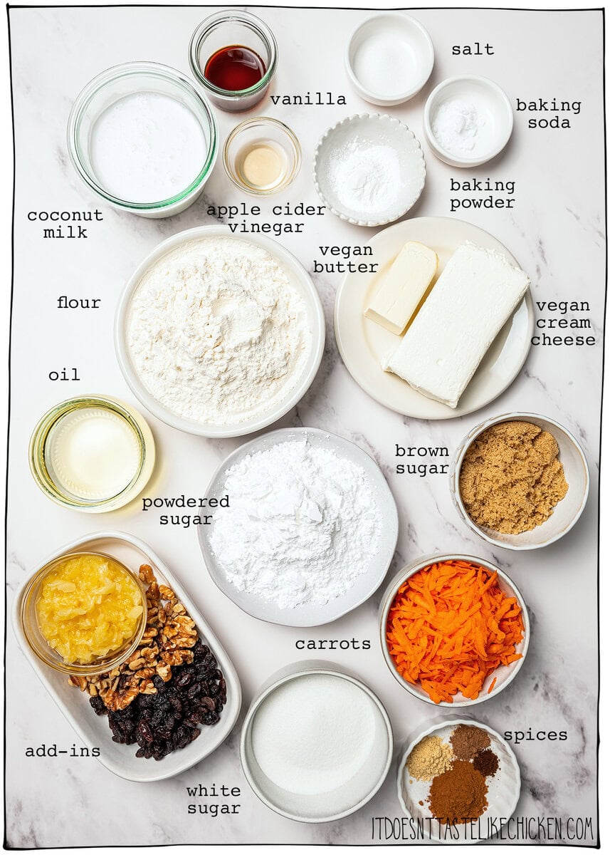 Ingredients for vegan carrot cake with labels.