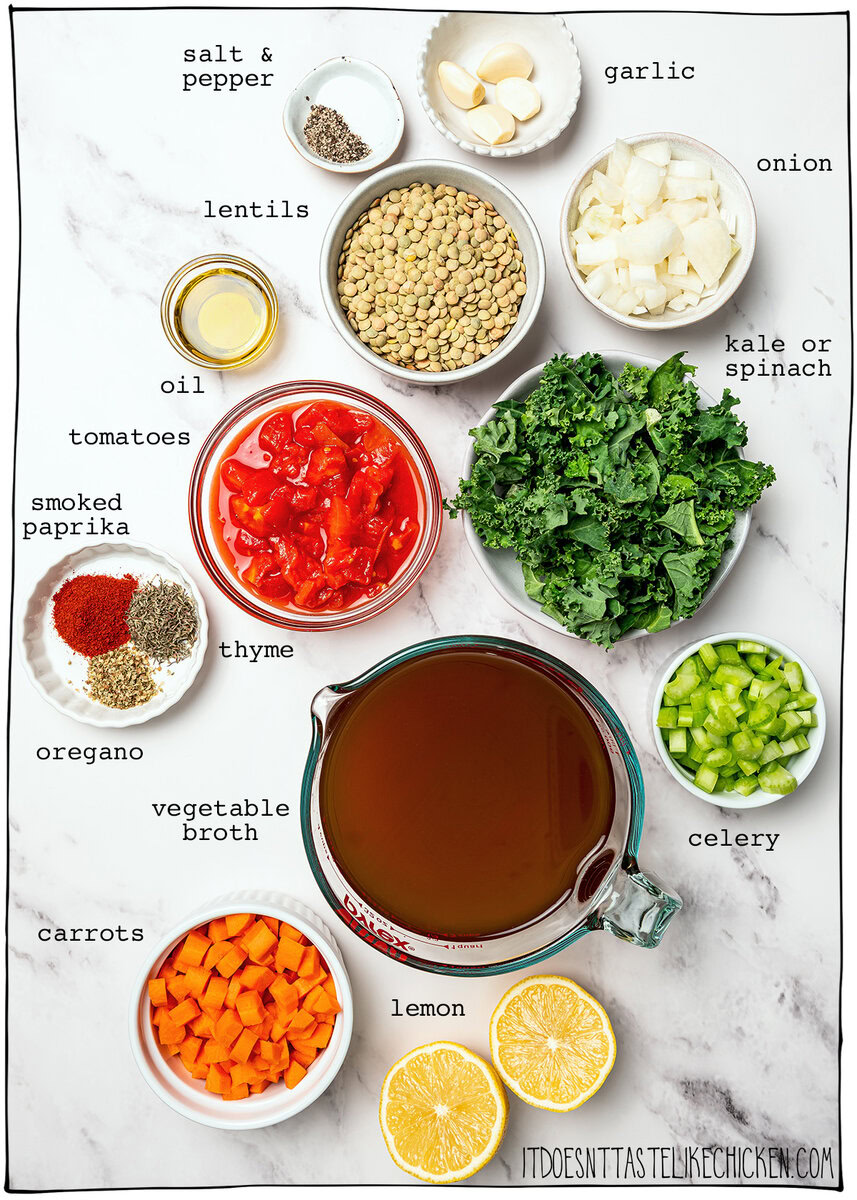 This easy lentil soup is a cozy one-pot recipe made with simple pantry ingredients! A hearty, healthy vegan meal perfect for meal prep. Ingredients for easy lentil soup with labels.