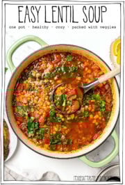 Pot of soup with ladle, with text overlay that reads easy lentil soup.