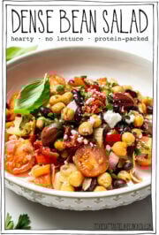 Bowl of bean salad with text overlay that reads dense bean salad.