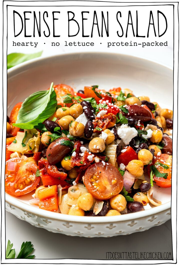 Bowl of bean salad with text overlay that reads dense bean salad.