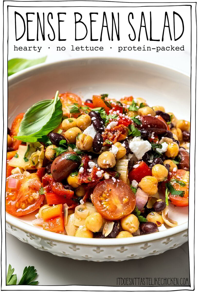 Bowl of bean salad with text overlay that reads dense bean salad.