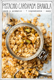 Jar of granola with text overlay that reads pistachio cardamom granola.
