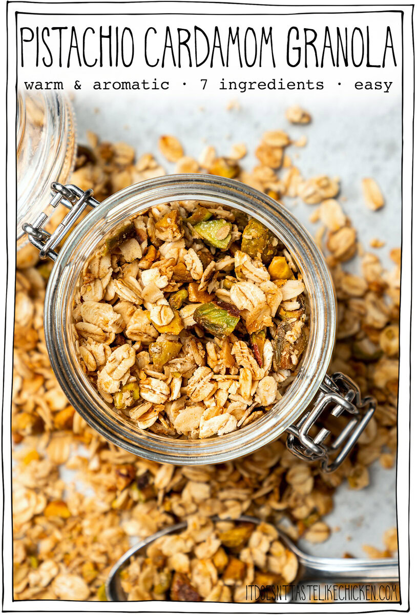 Jar of granola with text overlay that reads pistachio cardamom granola.
