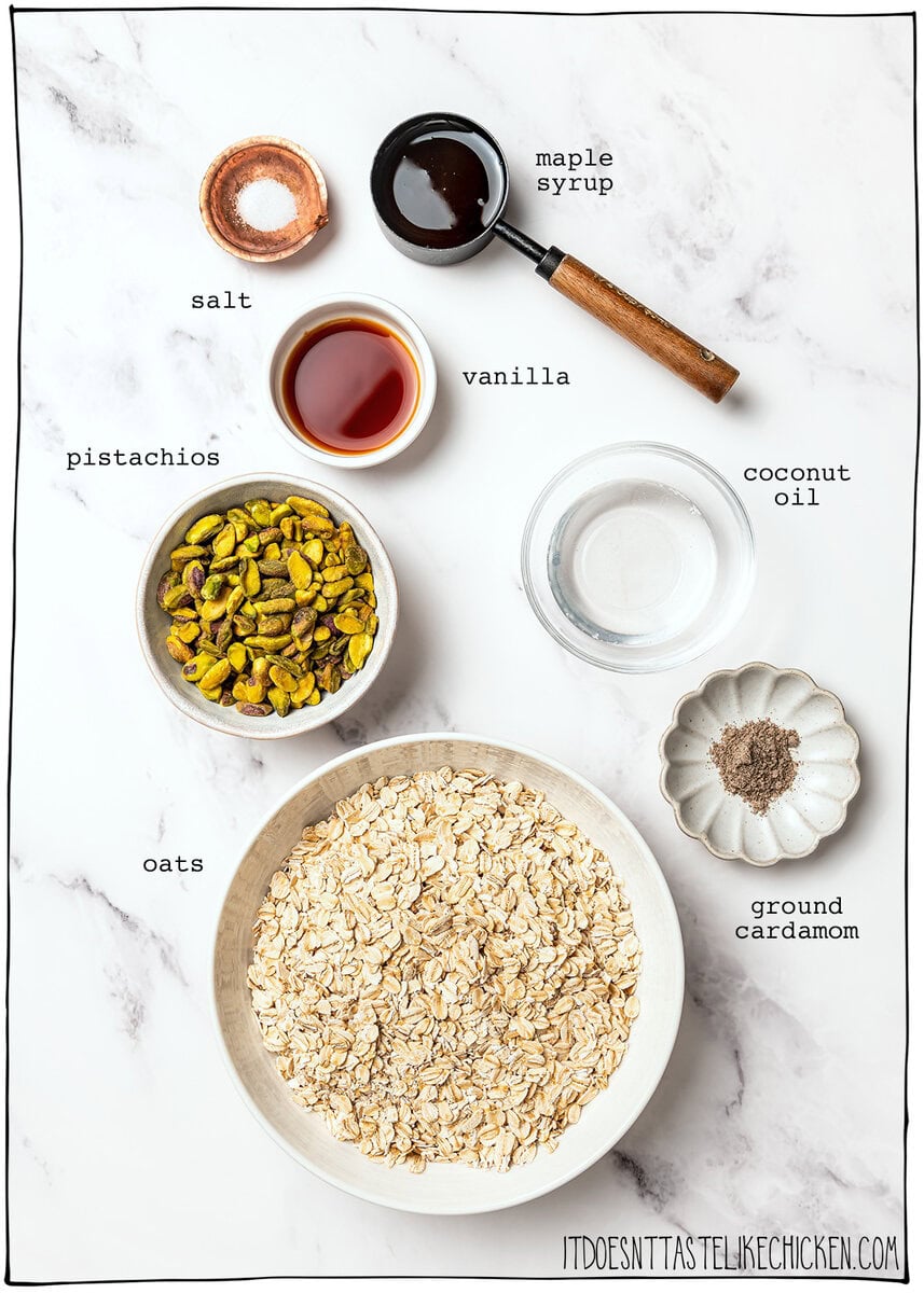 This pistachio cardamom granola is lightly sweet, perfectly crunchy, and infused with warm, aromatic cardamom. Easy 30 minute recipe! Ingredients for pistachio cardamom granola.