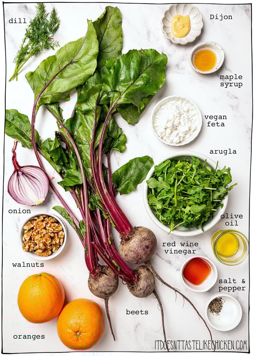 This roasted beet salad is fresh, vibrant and flavorful, with sweeat roasted beets, juicy oranges and a tangy dressing. Elegant yet simple! Ingredients for roasted beet salad with citrus and greens.