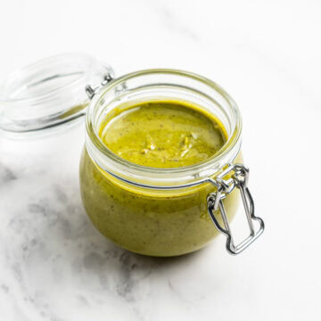 Jar of homemade pistachio butter.