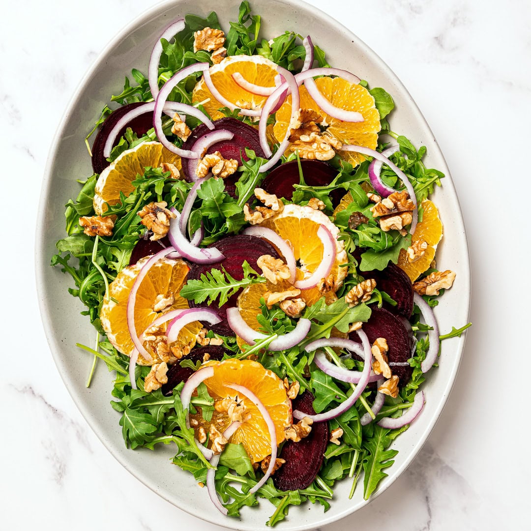 This roasted beet salad is fresh, vibrant and flavorful, with sweet roasted beets, juicy oranges and a tangy dressing. Elegant yet simple! Roasted beet salad with oranges.