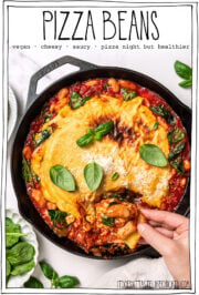 Skillet of saucy beans with text overlay that reads pizza beans.