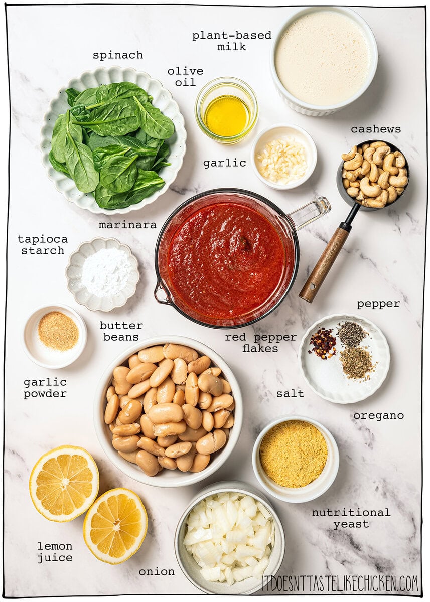 These pizza beans are an easy cozy dinner ready in 25 minutes! Creamy butter beans are simmered in marinara and topped with vegan cheese. Ingredients for pizza beans.