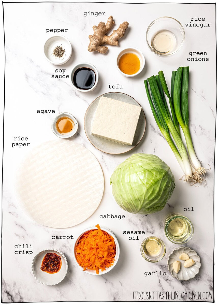 These vegan rice paper dumplings are crispy on the outside, chewy around the edges, with a savory cabbage and tofu filling. Viral on TikTok! Ingredients for rice paper dumplings.