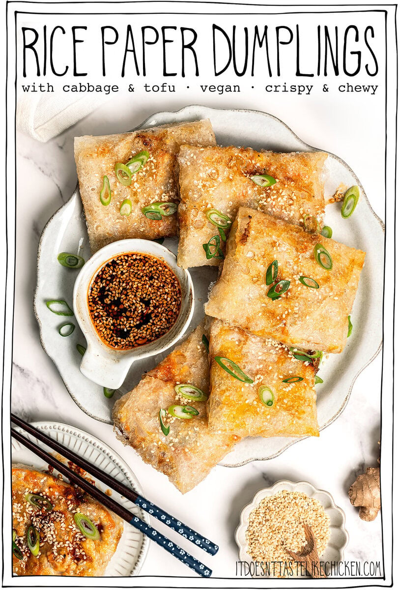 Plate of rice paper dumplings with text overlay that reads rice paper dumplings.