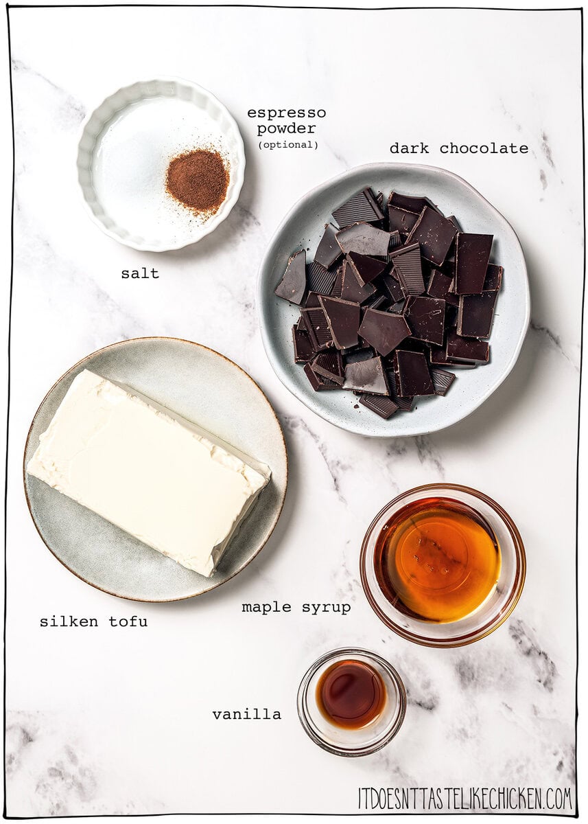 This Silken Tofu Chocolate Mousse is rich, silky, deeply chocolatey, and you’d never guess it’s made with tofu. Whips up in minutes! Ingredients for silken tofu chocolate mousse.