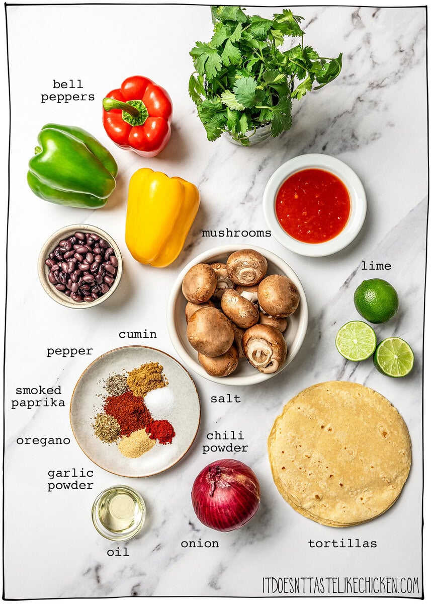 Ingredients for fajita veggies with labels.