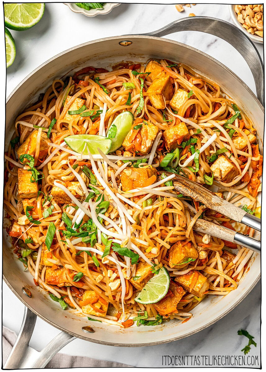 Skillet of tofu pad thai.