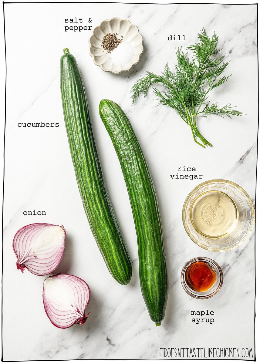 This easy cucumber dill salad is light, crisp, and refreshing, made with thinly sliced cucumbers, red onion, and a simple tangy vinaigrette. Ingredients for cucumber dill salad.