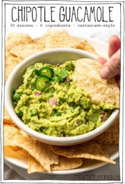 Chip dipping into bowl of guacamole with text overlay that reads Chipotle guacamole.