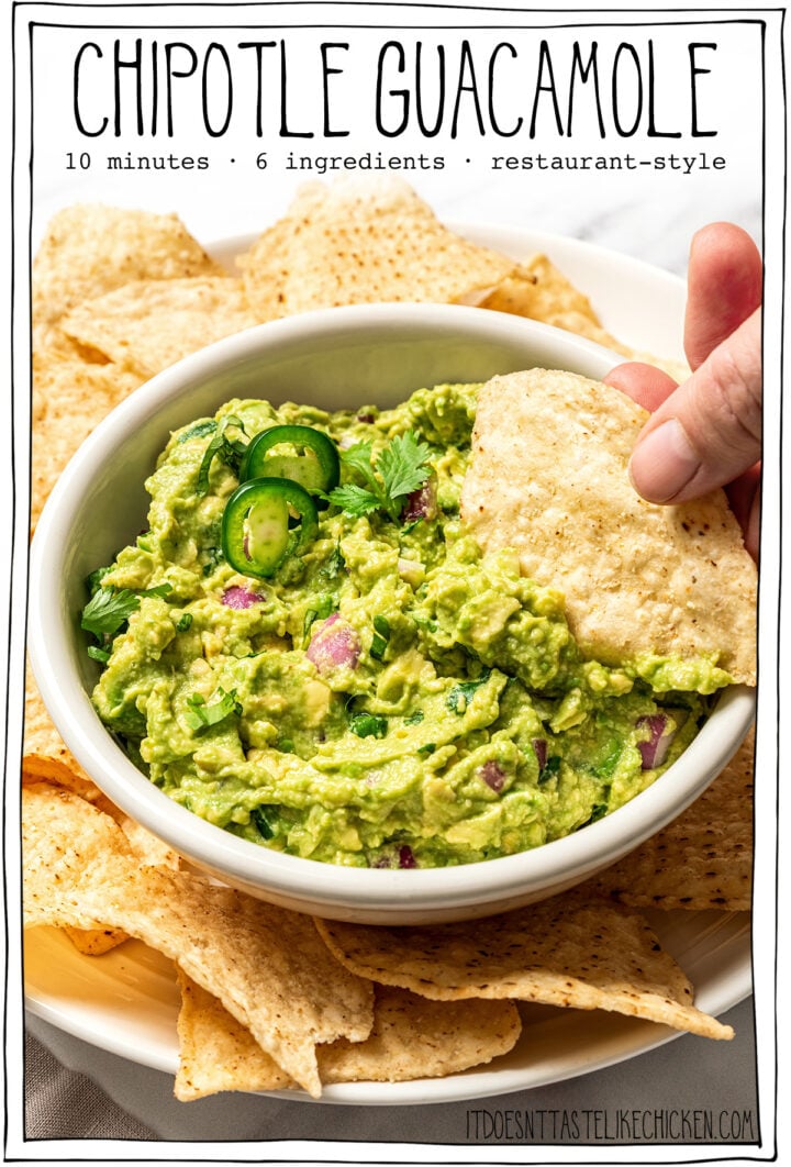 Chip dipping into bowl of guacamole with text overlay that reads Chipotle guacamole.