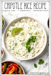 Bowl of cilantro lime rice, with text overlay that reads Chipotle rice recipe.
