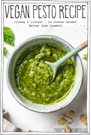 Bowl of basil pesto with text overlay that reads vegan pesto recipe.