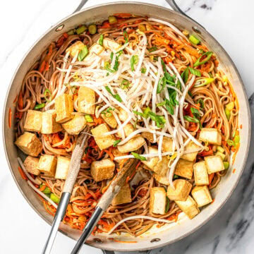 Skillet of tofu pad thai.