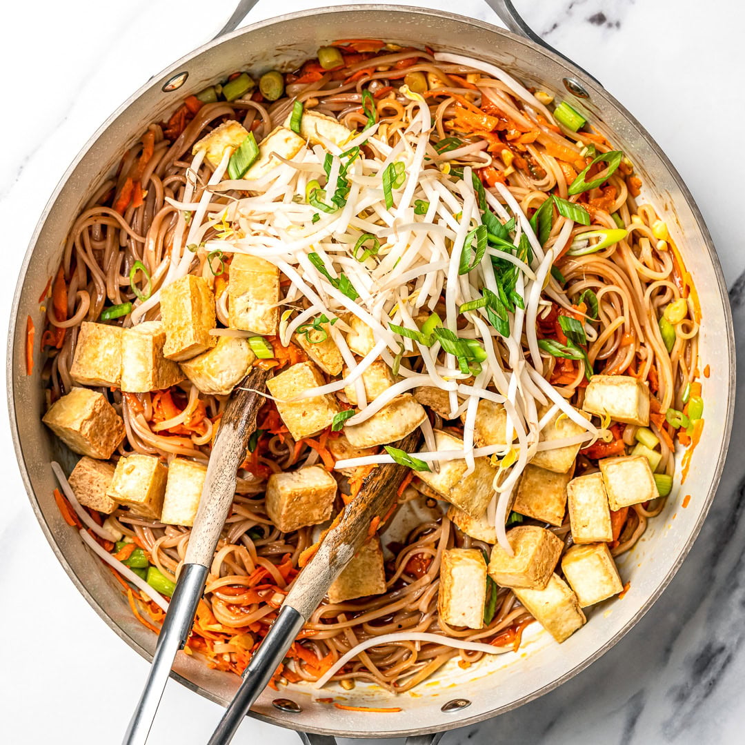 Skillet of tofu pad thai.
