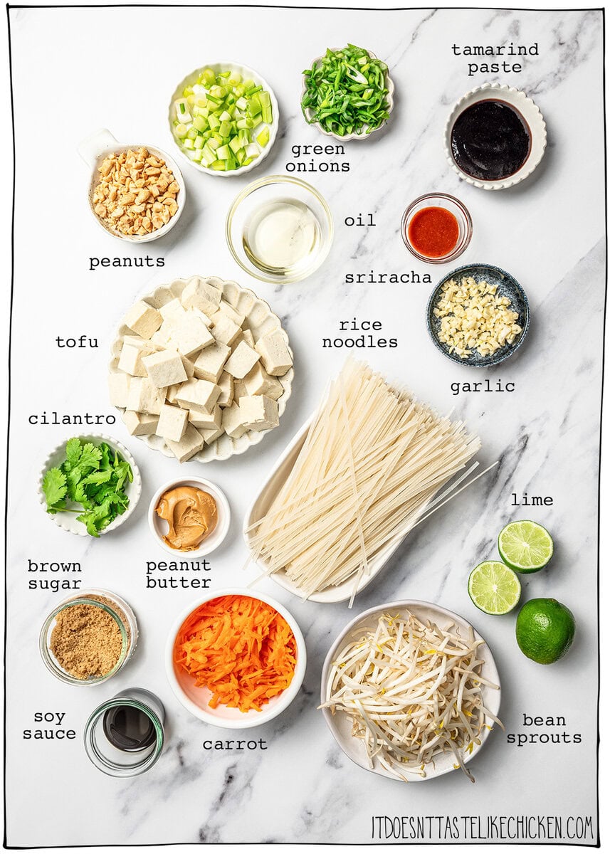Ingredients for tofu pad thai with labels.