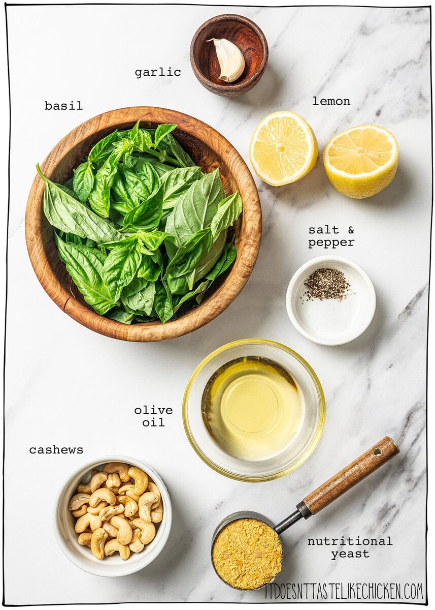 This creamy vegan pesto is rich, vibrant, and packed with fresh basil flavor, just like classic pesto, but completely dairy-free! Ingredients for vegan pesto recipe.