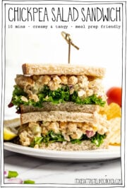 Sandwich on plate with text overlay that reads chickpea salad sandwich.