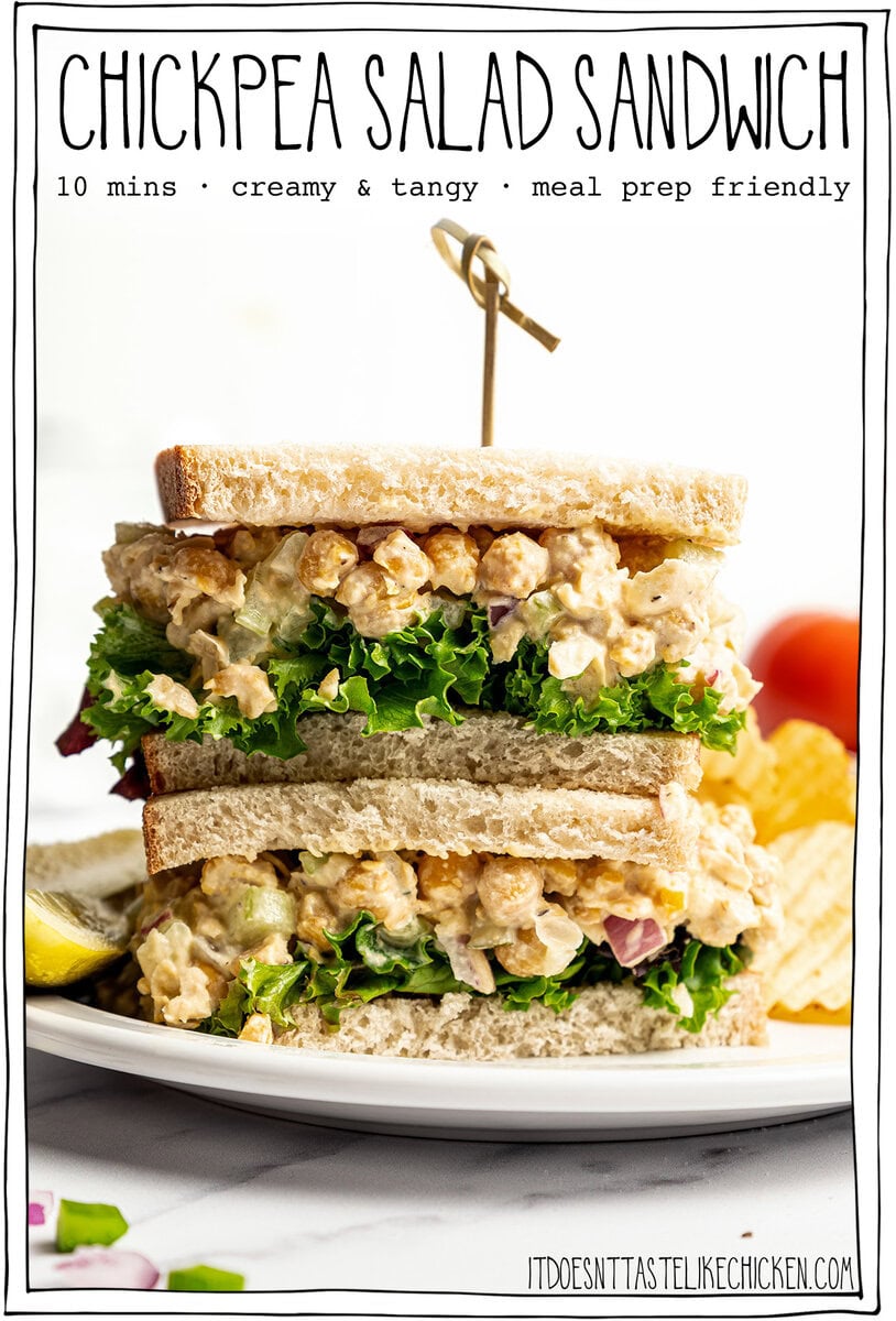 This chickpea salad sandwich is creamy, tangy and made with simple ingredients in just 10 minutes. Perfect for meal prep and quick lunches! Sandwich on plate with text overlay that reads chickpea salad sandwich.