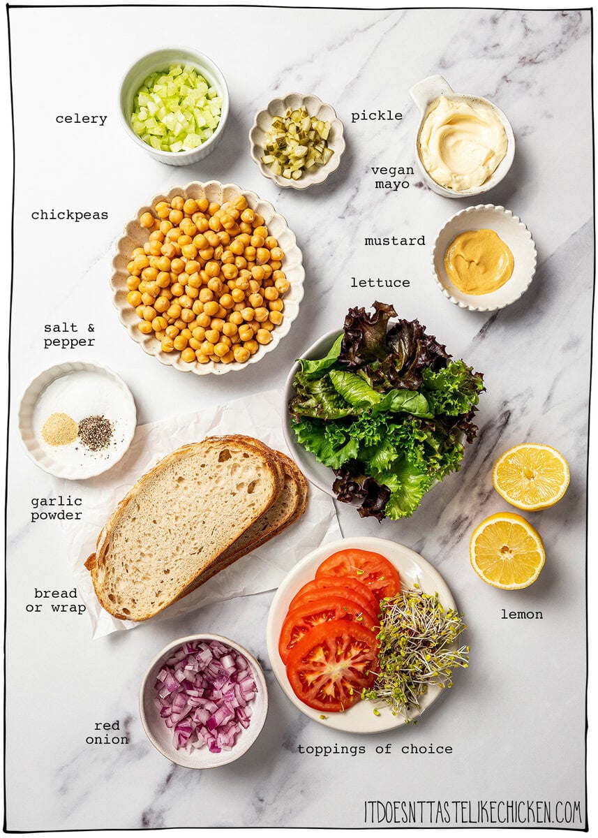This chickpea salad sandwich is creamy, tangy and made with simple ingredients in just 10 minutes. Perfect for meal prep and quick lunches! Ingredients for chickpea salad sandwich.