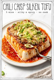Plate of tofu with text overlay that reads chili crisp silken tofu.