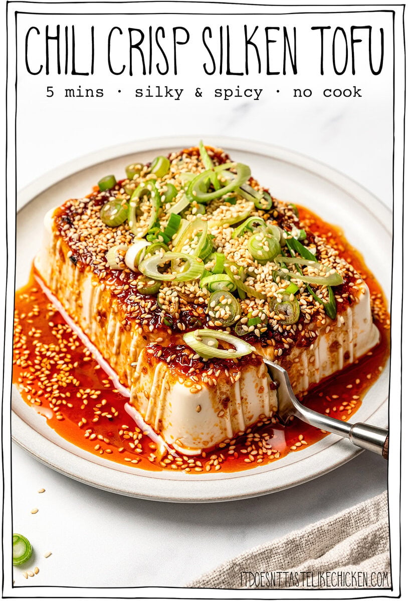 Plate of tofu with text overlay that reads chili crisp silken tofu.