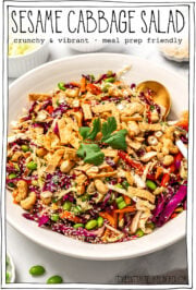 Bowl of salad with text overlay that reads sesame cabbage salad.