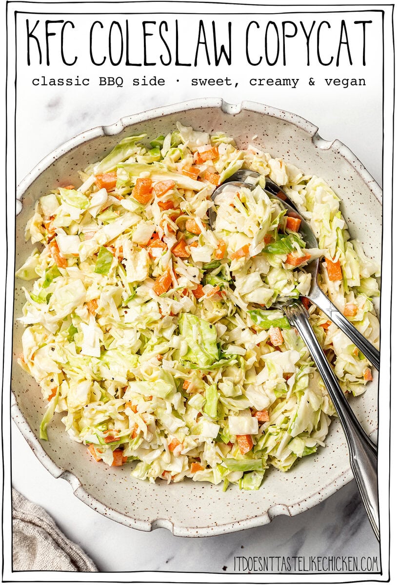 Bowl of coleslaw with text overlay that reads KFC coleslaw copycat.