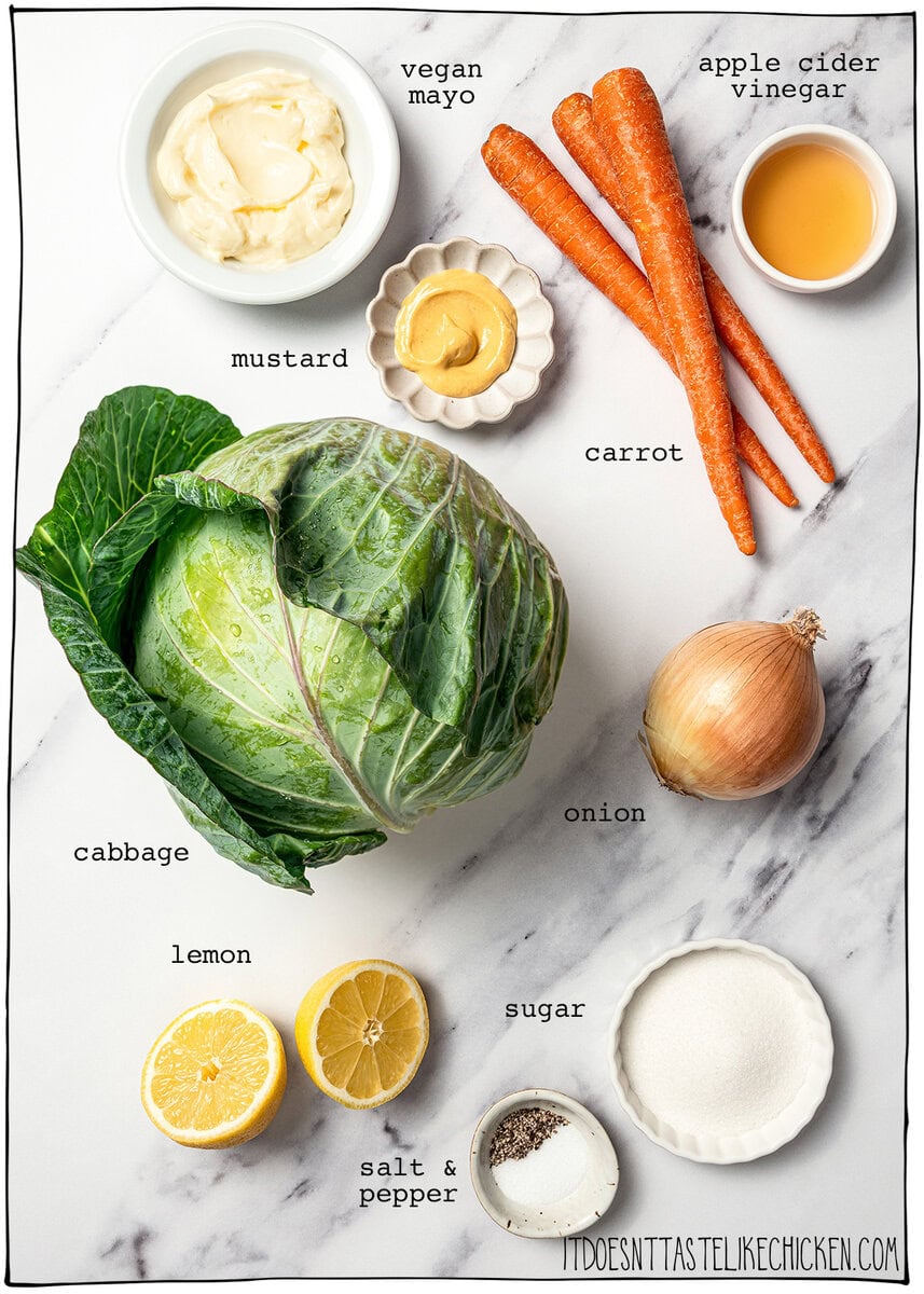 This KFC coleslaw copycat is creamy, tangy, and perfectly sweet with that classic flavor everyone loves. Easy to make with vegan mayo! Ingredients for copycat KFC coleslaw.