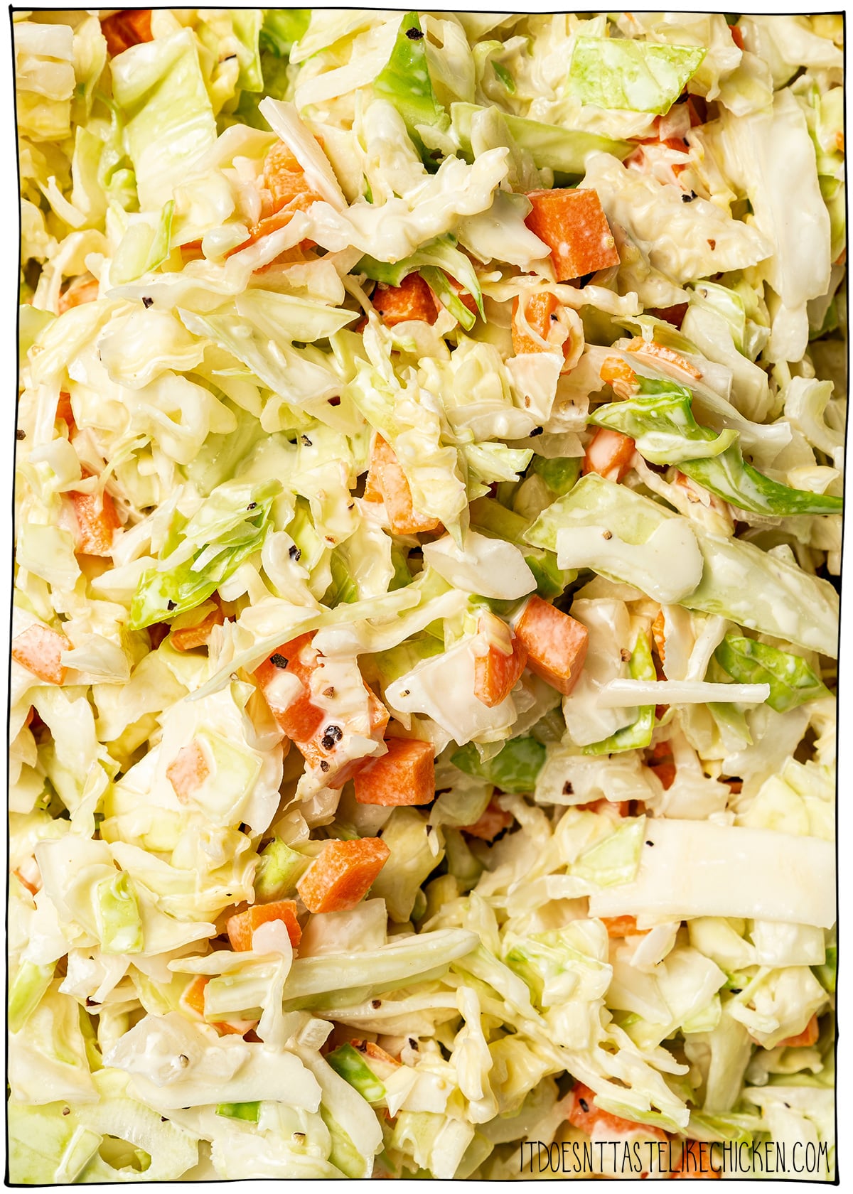 This KFC coleslaw copycat is creamy, tangy, and perfectly sweet with that classic flavor everyone loves. Easy to make with vegan mayo! Overhead closeup view of KFC coleslaw.