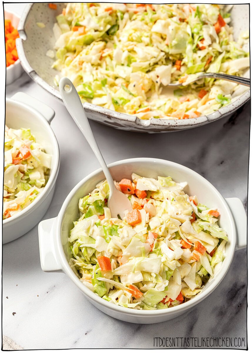 This KFC coleslaw copycat is creamy, tangy, and perfectly sweet with that classic flavor everyone loves. Easy to make with vegan mayo! Bowls of KFC coleslaw copycat.