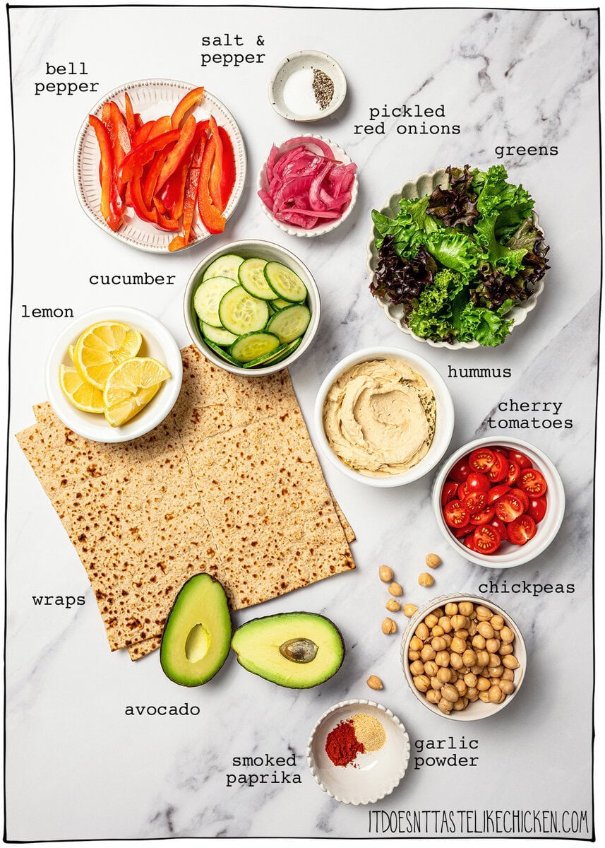 Made with simple ingredients in just 10 minutes, this crunchy hummus veggie wrap is perfect for lunch, meal prep, or an easy no-cook dinner! Ingredients for veggie wraps with hummus.