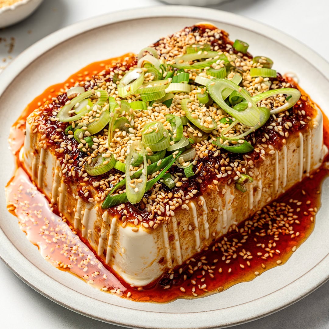 Plate of chili crisp silken tofu.
