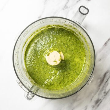 Pesto blended in food processor.