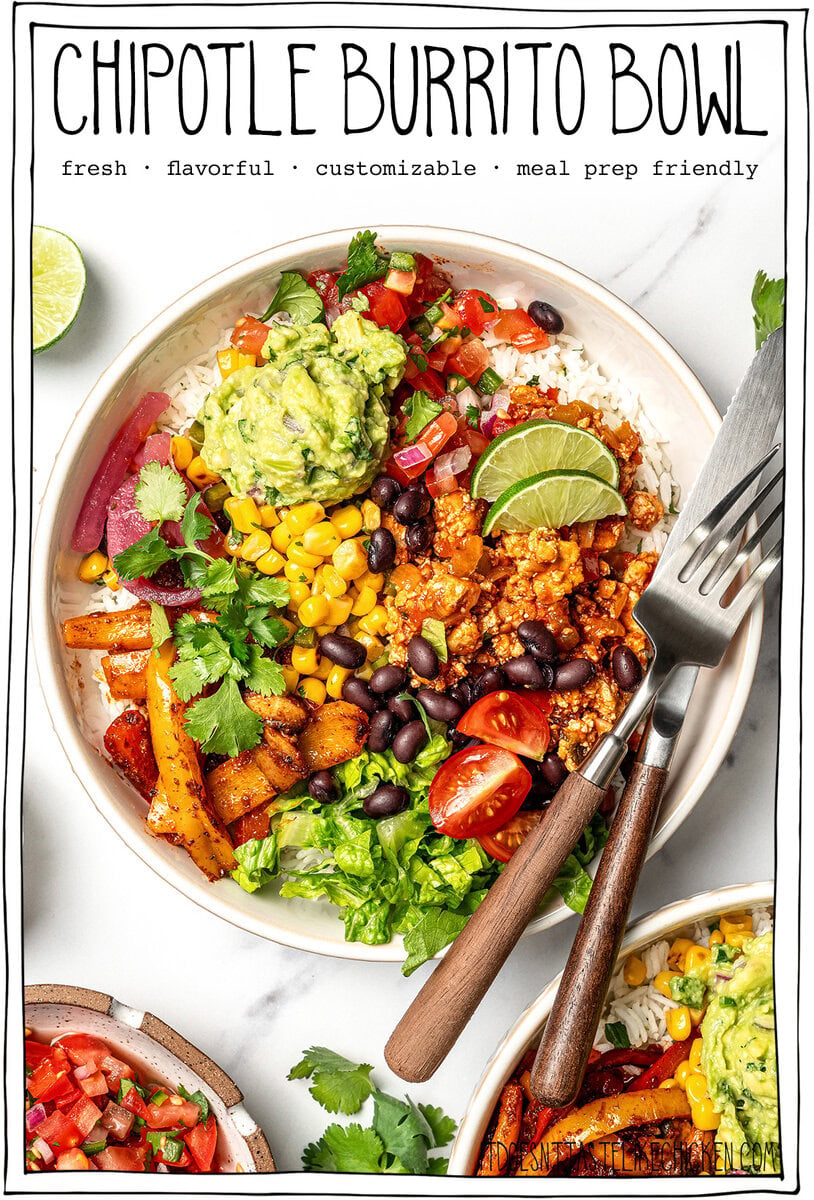 Burrito bowl with knife and fork, with text overlay that reads Chipotle burrito bowl.