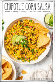 Bowl of salsa with text overlay that reads Chipotle corn salsa.