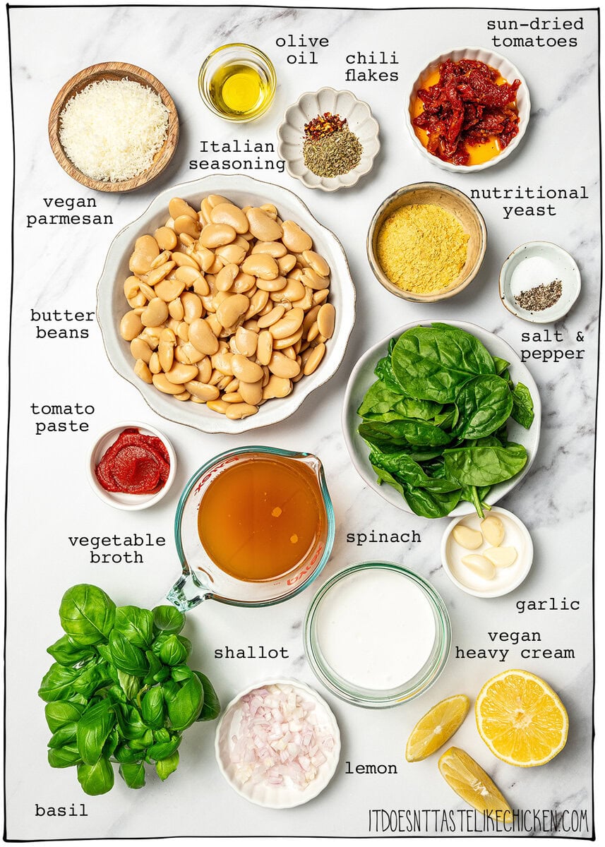 Marry me butter beans are an easy one-pan vegan dinner recipe with a creamy sun-dried tomato garlic sauce that tastes restaurant-worthy! Ingredients for marry me butter beans.