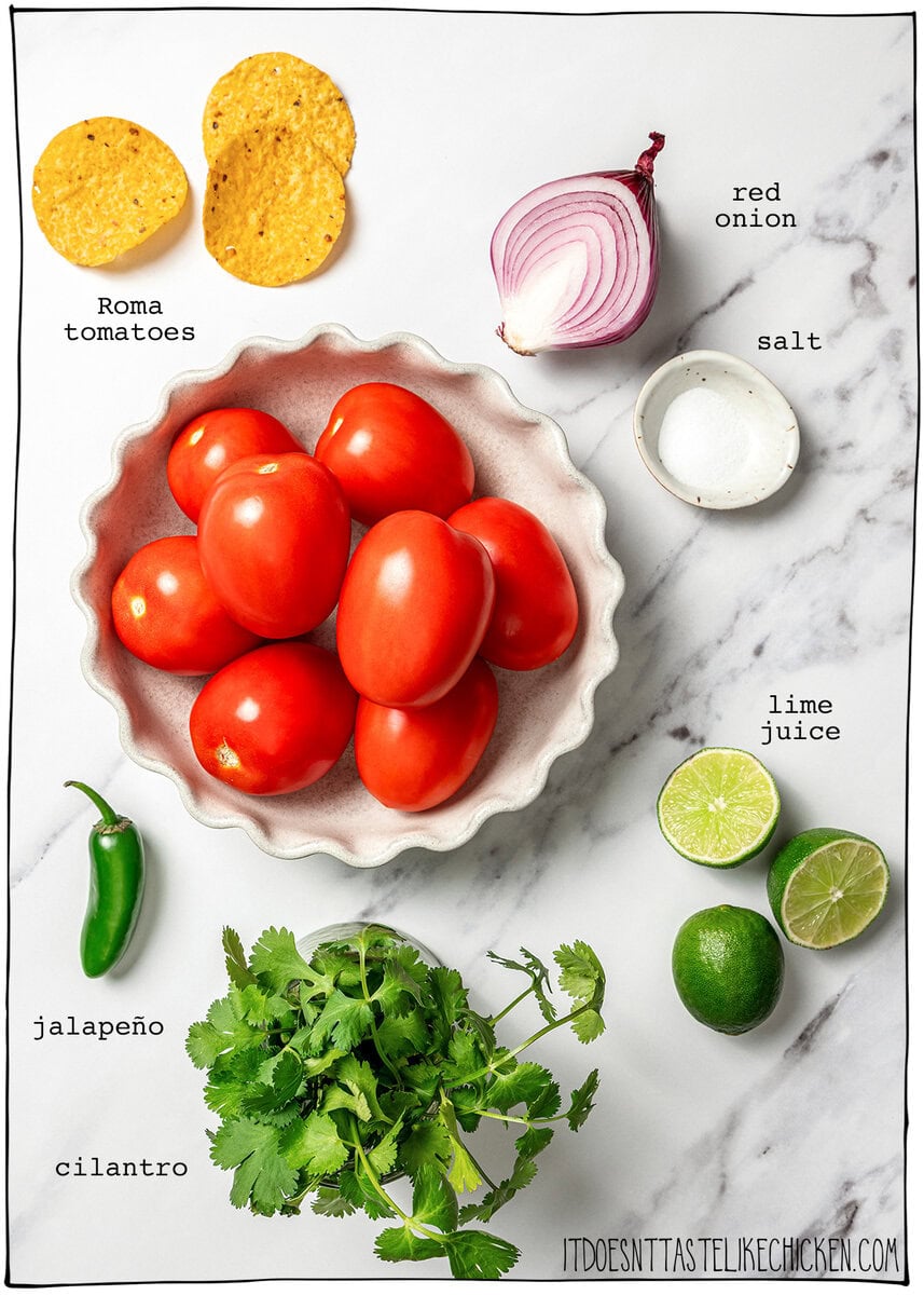 This pico de gallo tastes just like Chipotle's, but even better because it’s extra fresh, easy to customize, and made at home in minutes! Ingredients for pico de gallo.